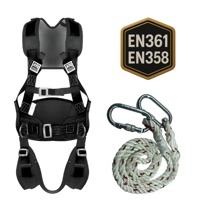 Kit Arnés Anticaídas Profesional EN361/EN358 con Cuerda 1,5 m y 2 Mosquetones de Acero – SKY PRO PLUS