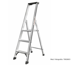 Escalera de aluminio con plataforma, de peldaño ancho y bandeja para las herramientas. Fabricada conforme a la norma UNE-EN 131 de Escaleras.