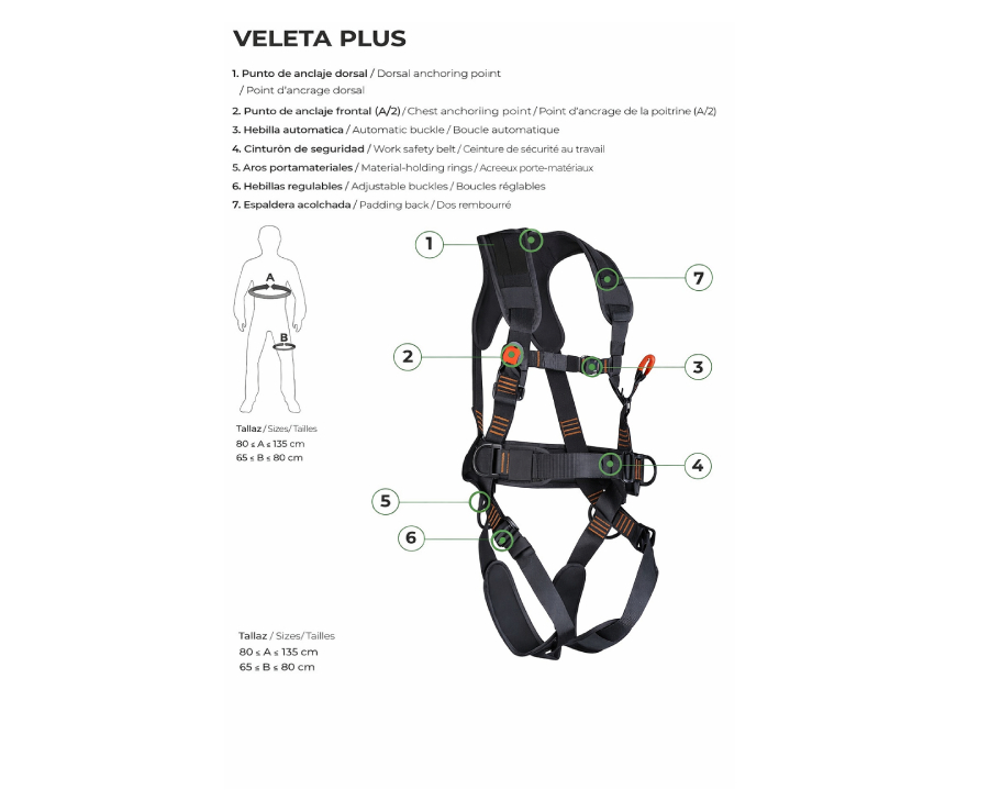 Arnés anticaídas VELETA PLUS para trabajos en los que exista un riesgo de caída y un riesgo eléctrico. Punto de anclaje anticaídas dorsal y frontal.